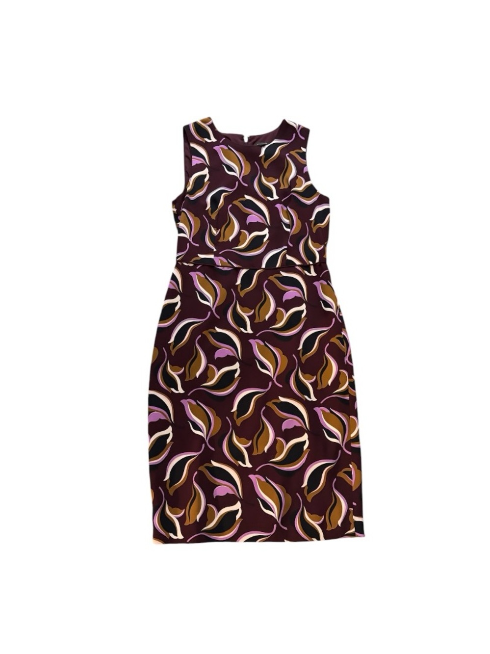 Ann Taylor Sleeveless Midi Dress in Burgundy with Pink and Brown Leaf Print